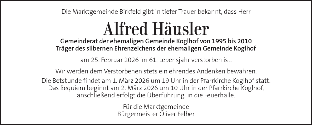  Traueranzeige für Alfred Häusler vom 28.02.2026 aus Kleine Zeitung