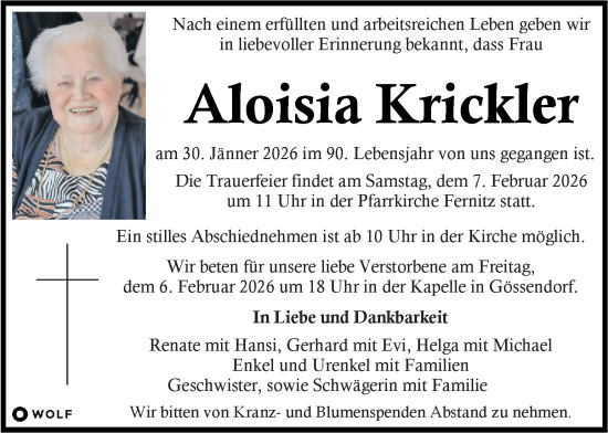 Traueranzeige von Aloisia Krickler von Kleine Zeitung