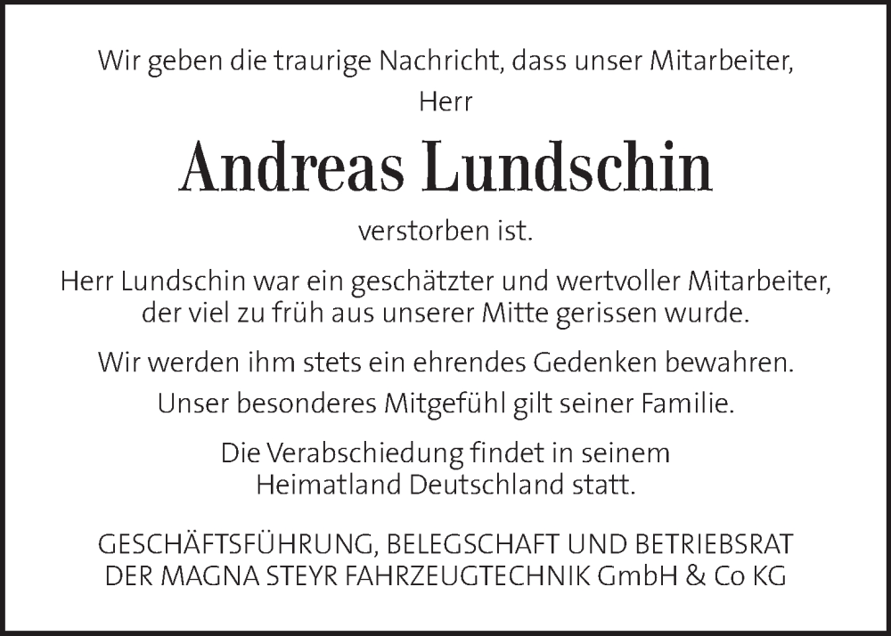  Traueranzeige für Andreas Lundschin vom 04.02.2026 aus Kleine Zeitung