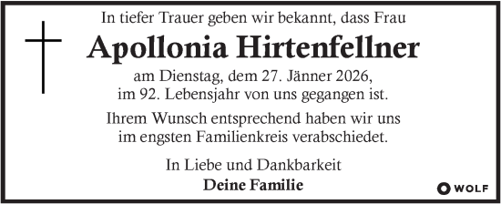 Traueranzeige von Apollonia Hirtenfellner von Kleine Zeitung