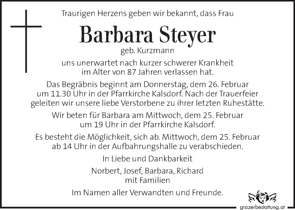  Traueranzeige für Barbara Steyer vom 24.02.2026 aus Kleine Zeitung