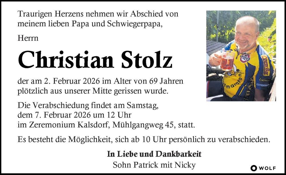  Traueranzeige für Christian Stolz vom 04.02.2026 aus Kleine Zeitung