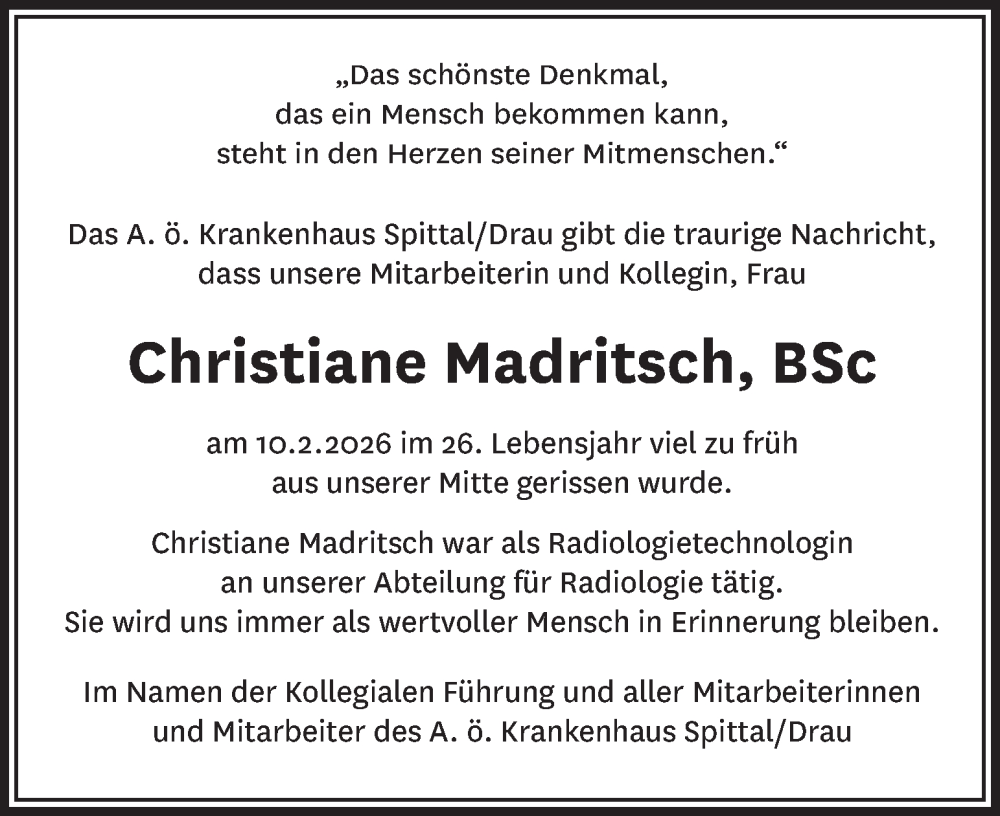  Traueranzeige für Christiane Madritsch vom 14.02.2026 aus Kleine Zeitung
