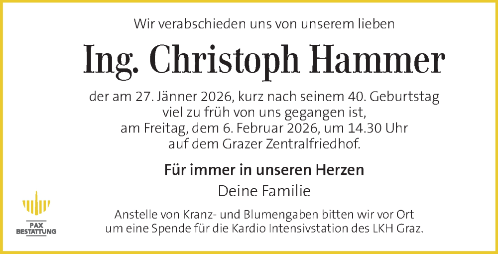  Traueranzeige für Christoph Hammer vom 03.02.2026 aus Kleine Zeitung