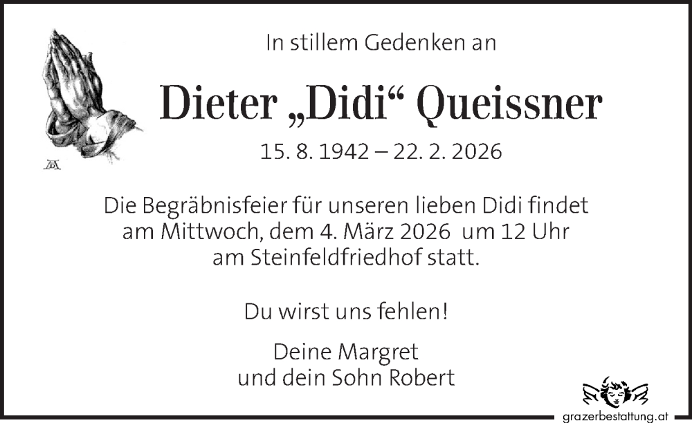  Traueranzeige für Dieter Queissner vom 28.02.2026 aus Kleine Zeitung