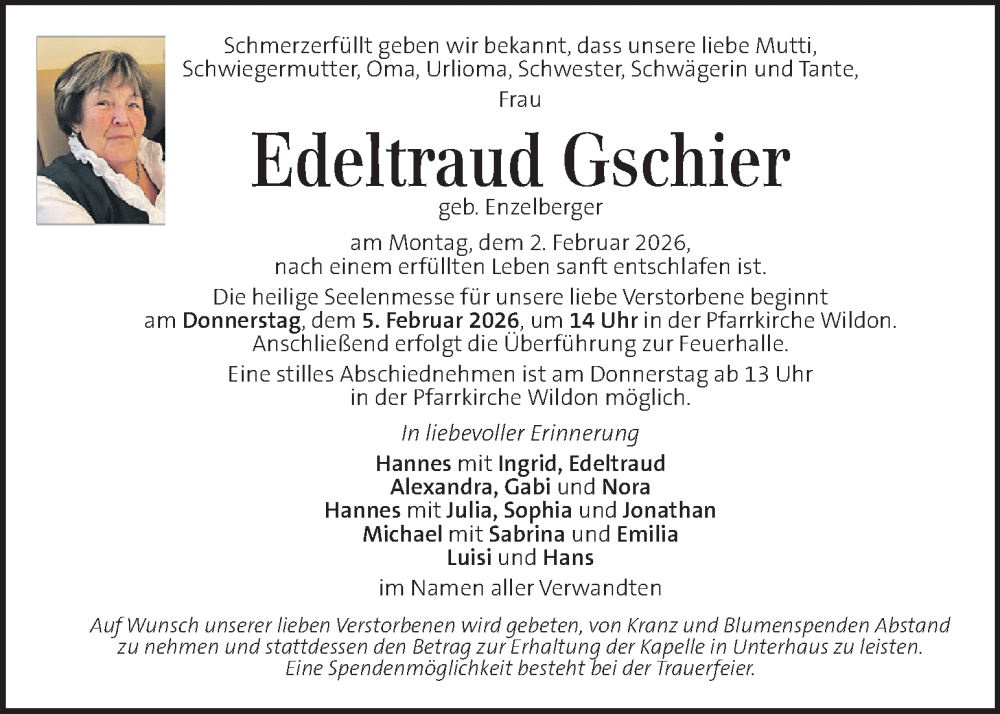  Traueranzeige für Edeltraud Gschier vom 04.02.2026 aus Kleine Zeitung