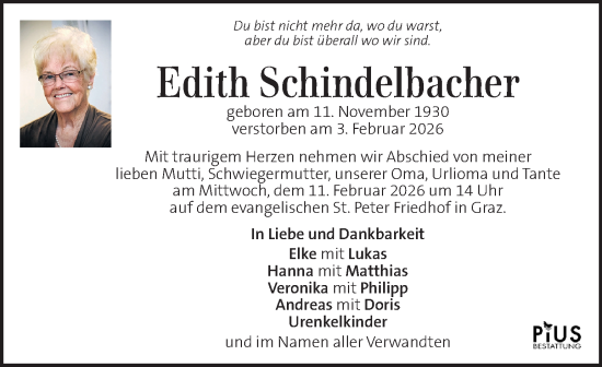 Traueranzeige von Edith Schindelbacher von Kleine Zeitung