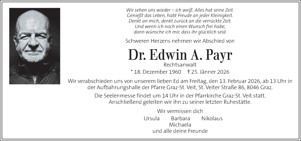  Traueranzeige für Edwin A. Payr vom 03.02.2026 aus Kleine Zeitung