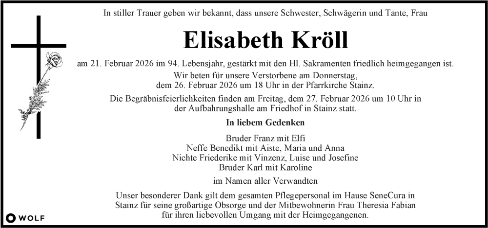  Traueranzeige für Elisabeth Kröll vom 25.02.2026 aus Kleine Zeitung
