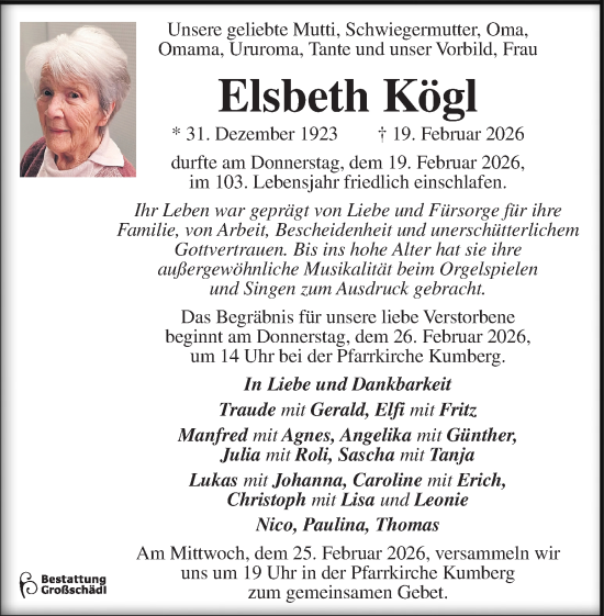 Traueranzeige von Elsbeth Kögl von Kleine Zeitung