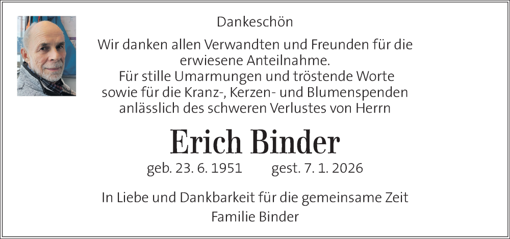  Traueranzeige für Erich Binder vom 07.02.2026 aus Kleine Zeitung