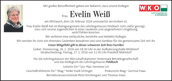 Traueranzeige von Evelin Weiß von Kleine Zeitung