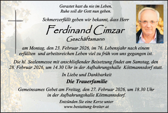 Traueranzeige von Ferdinand Cimzar von Kleine Zeitung