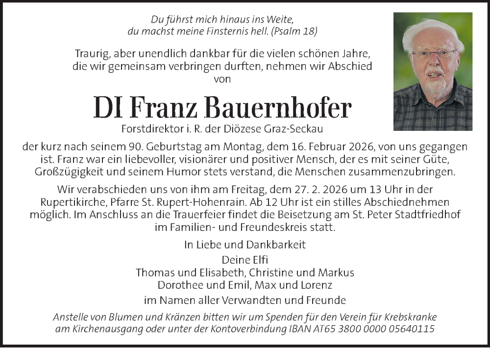  Traueranzeige für Franz Bauernhofer vom 22.02.2026 aus Kleine Zeitung