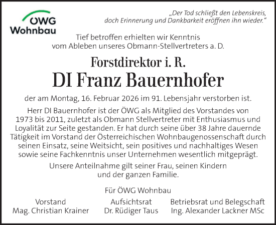 Traueranzeige von Franz Bauernhofer von Kleine Zeitung