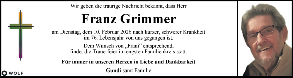  Traueranzeige für Franz Grimmer vom 14.02.2026 aus Kleine Zeitung