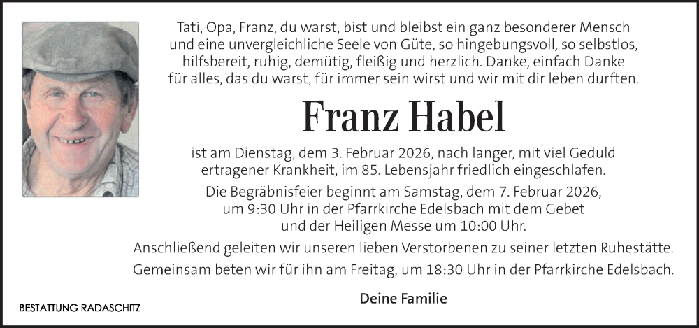  Traueranzeige für Franz Habel vom 05.02.2026 aus Kleine Zeitung