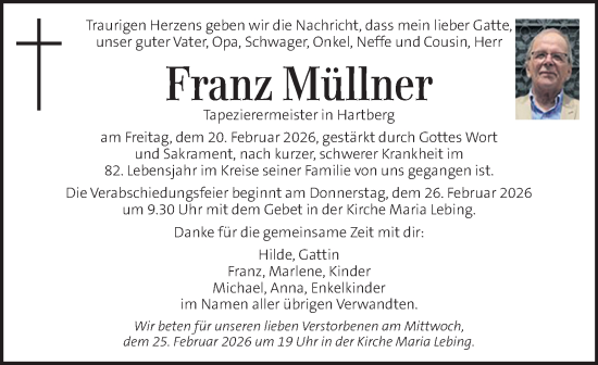 Traueranzeige von Franz Müllner von Kleine Zeitung