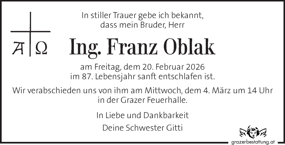  Traueranzeige für Franz Oblak vom 28.02.2026 aus Kleine Zeitung