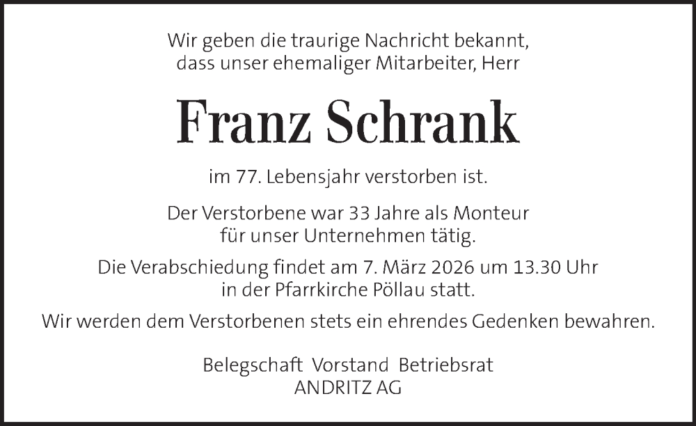  Traueranzeige für Franz Schrank vom 28.02.2026 aus Kleine Zeitung