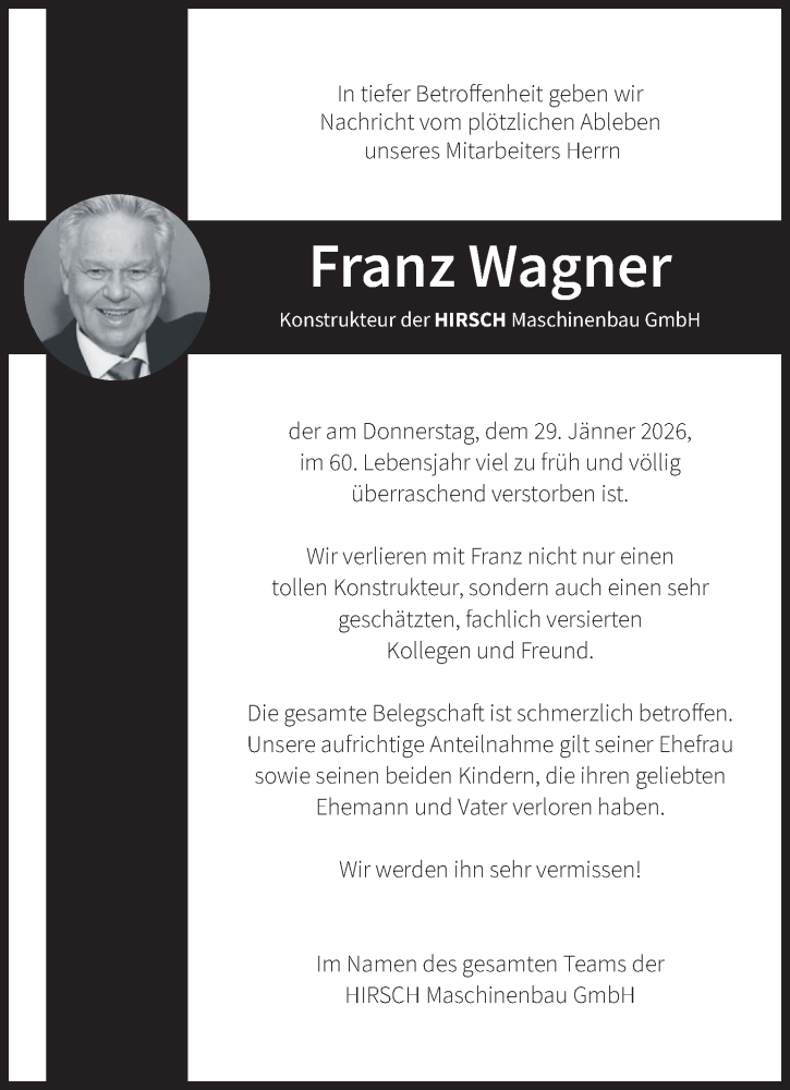  Traueranzeige für Franz Wagner vom 03.02.2026 aus Kleine Zeitung