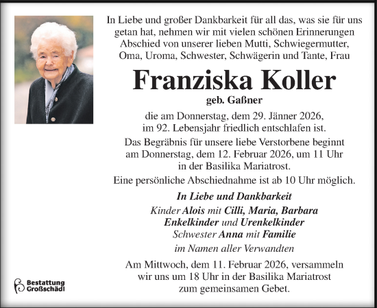 Traueranzeige von Franziska Koller von Kleine Zeitung