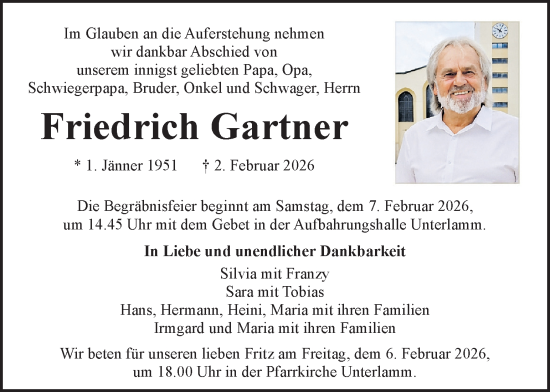 Traueranzeige von Friedrich Gartner von Kleine Zeitung