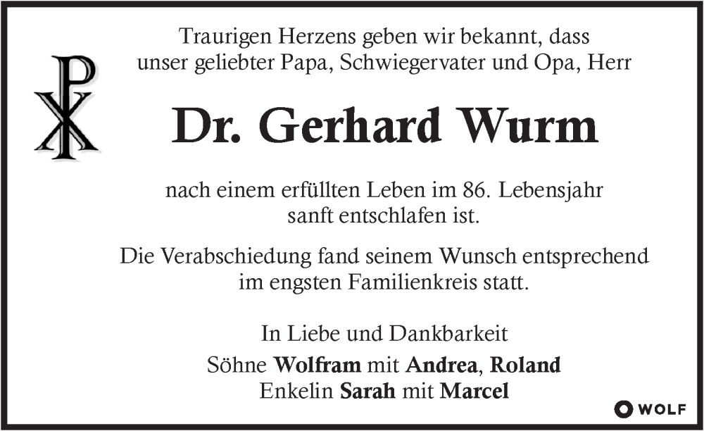  Traueranzeige für Gerhard Wurm vom 28.02.2026 aus Kleine Zeitung