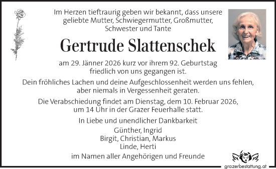 Traueranzeige von Gertrude Slattenschek von Kleine Zeitung