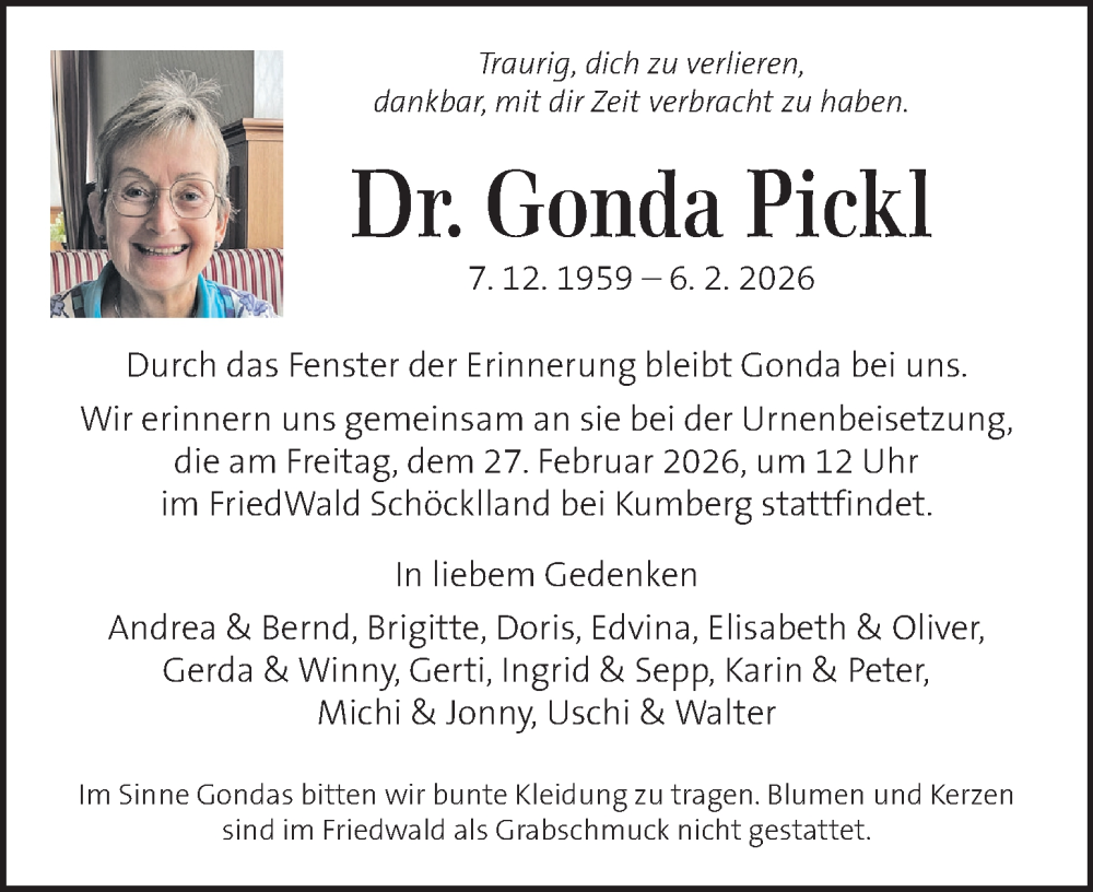  Traueranzeige für Gonda Pickl vom 22.02.2026 aus Kleine Zeitung