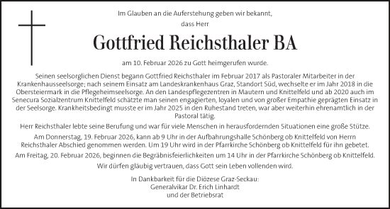 Traueranzeige von Gottfried Reichsthaler von Kleine Zeitung