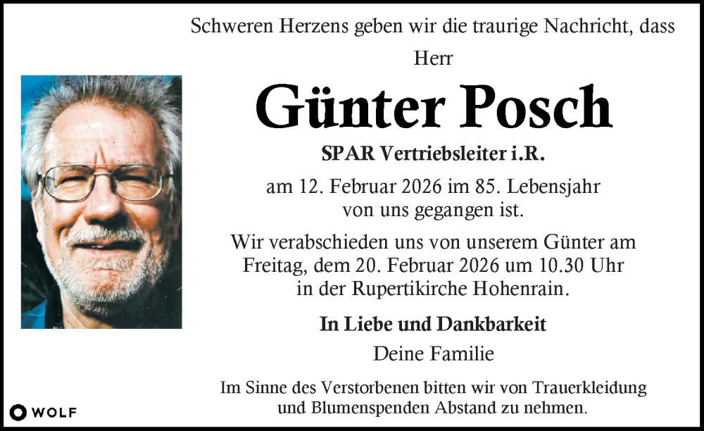  Traueranzeige für Günter Posch vom 15.02.2026 aus Kleine Zeitung