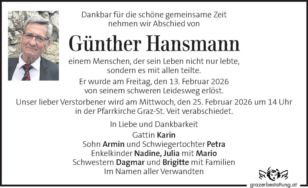  Traueranzeige für Günther Hansmann vom 22.02.2026 aus Kleine Zeitung