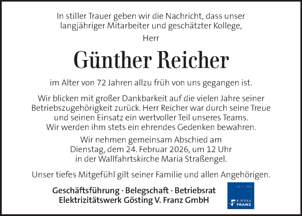  Traueranzeige für Günther Reicher vom 24.02.2026 aus Kleine Zeitung