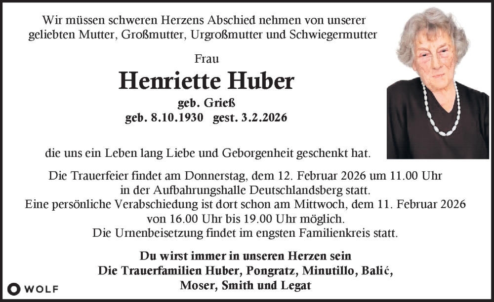  Traueranzeige für Henriette Huber vom 07.02.2026 aus Kleine Zeitung