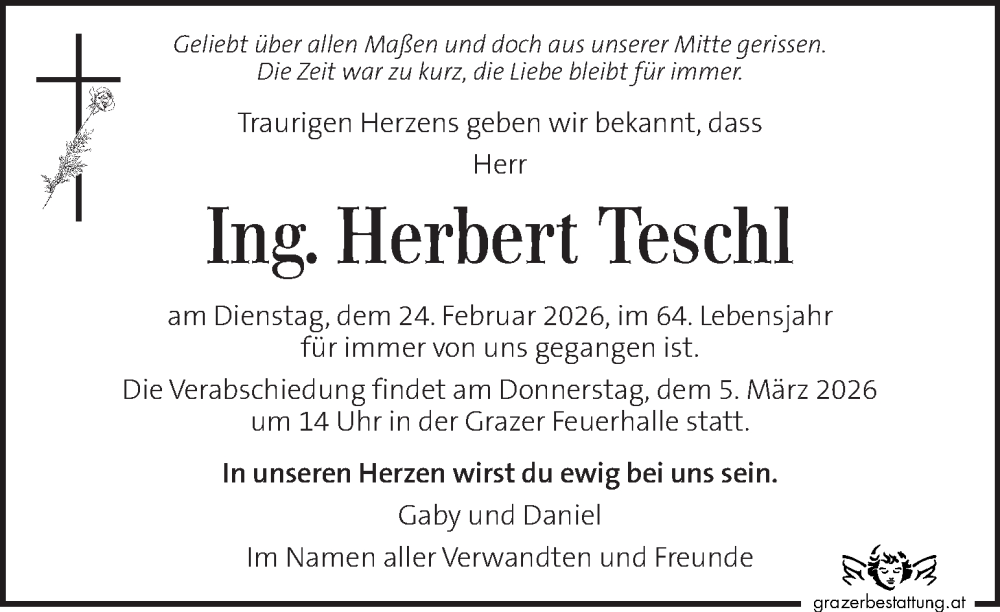  Traueranzeige für Herbert Teschl vom 28.02.2026 aus Kleine Zeitung