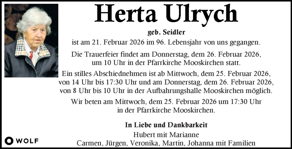  Traueranzeige für Herta Ulrych vom 24.02.2026 aus Kleine Zeitung