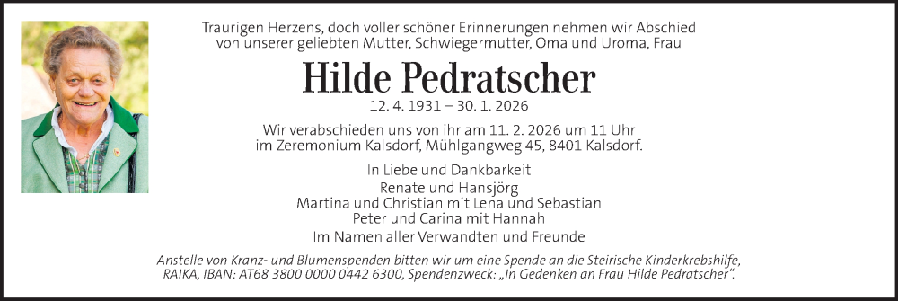  Traueranzeige für Hilde Pedratscher vom 05.02.2026 aus Kleine Zeitung