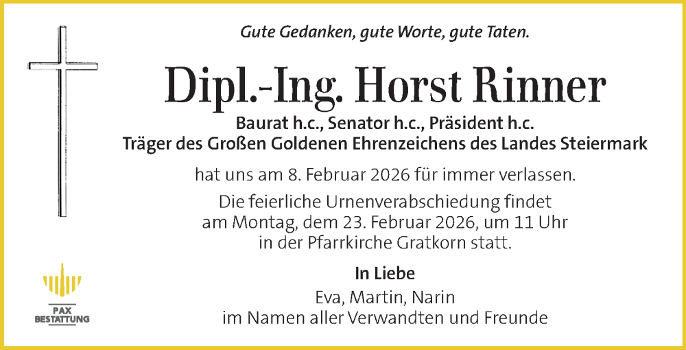  Traueranzeige für Horst Rinner vom 13.02.2026 aus Kleine Zeitung