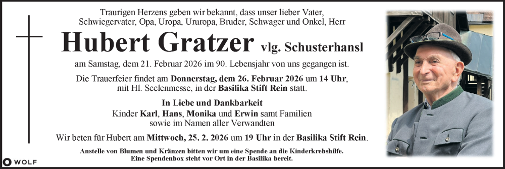  Traueranzeige für Hubert Gratzer vom 24.02.2026 aus Kleine Zeitung