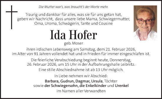 Traueranzeige von Ida Hofer von Kleine Zeitung