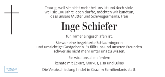 Traueranzeige von Inge Schiefer von Kleine Zeitung
