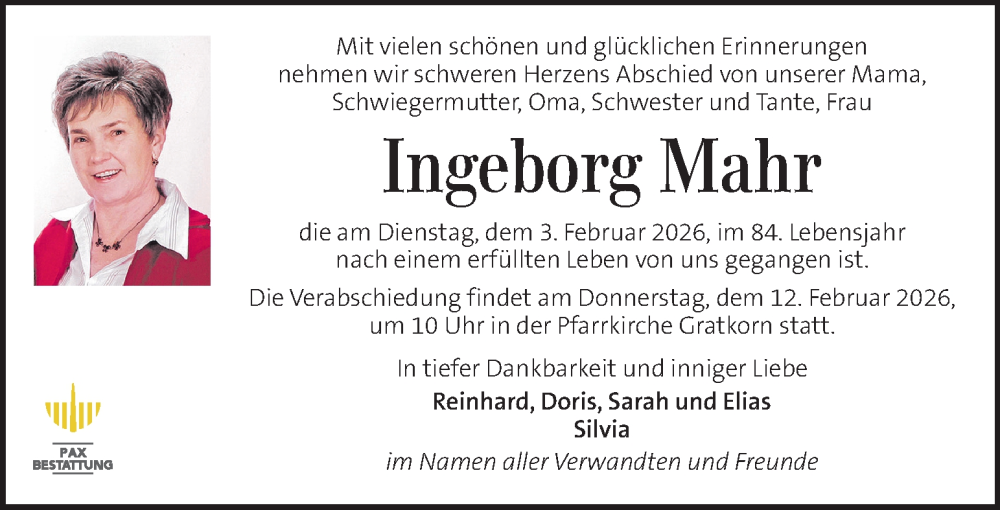  Traueranzeige für Ingeborg Mahr vom 07.02.2026 aus Kleine Zeitung
