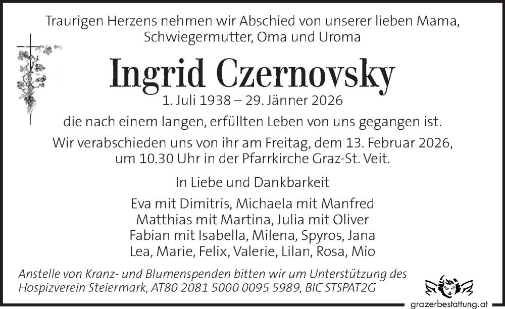  Traueranzeige für Ingrid Czernovsky vom 07.02.2026 aus Kleine Zeitung