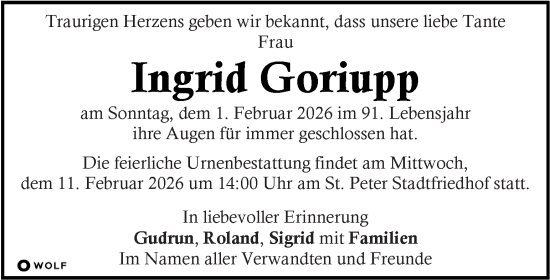 Traueranzeige von Ingrid Goriupp von Kleine Zeitung