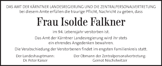 Traueranzeige von Isolde Falkner von Kleine Zeitung