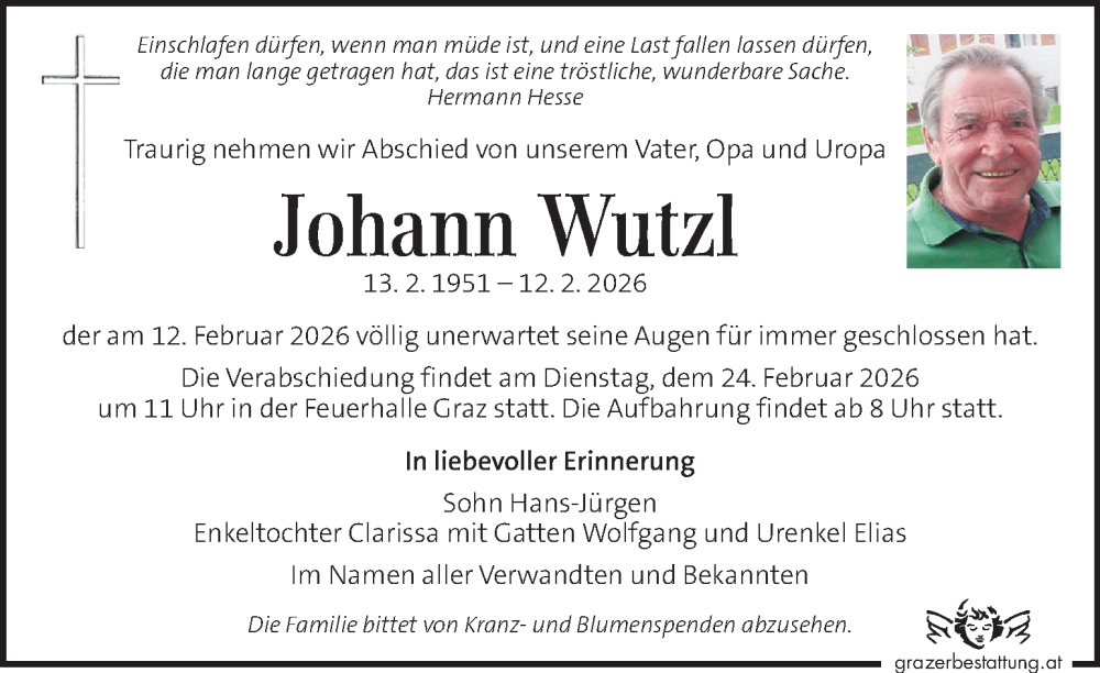  Traueranzeige für Johann Wutzl vom 20.02.2026 aus Kleine Zeitung