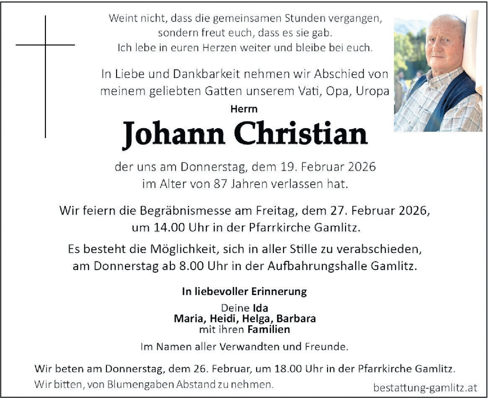  Traueranzeige für Johann Christian Christian vom 24.02.2026 aus Kleine Zeitung