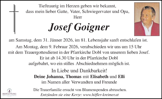 Traueranzeige von Josef Goigner von Kleine Zeitung