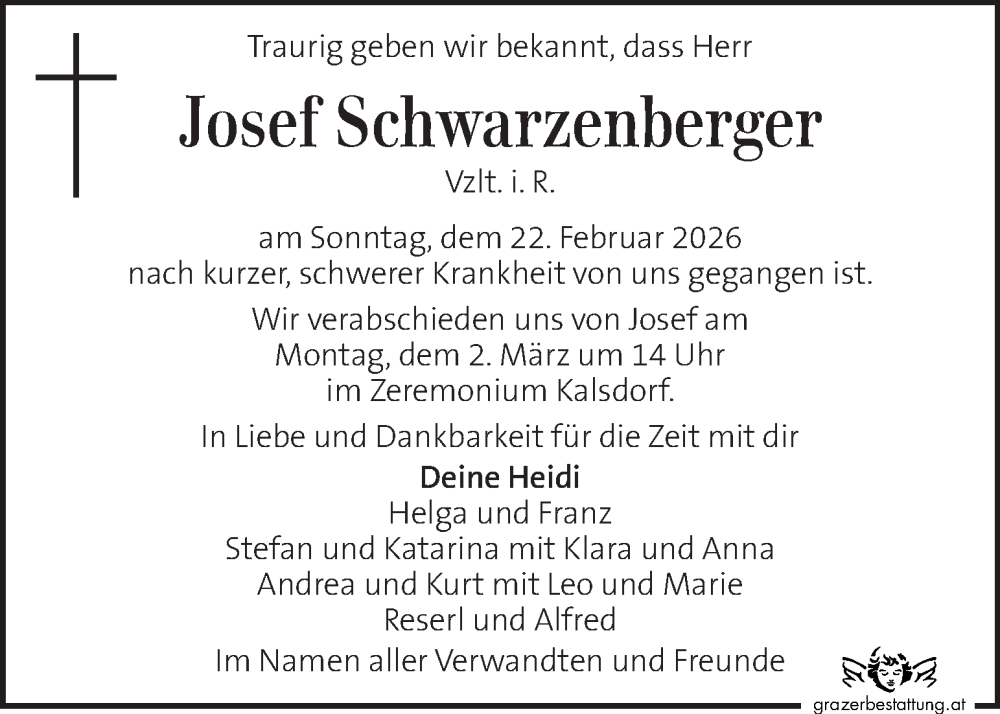  Traueranzeige für Josef Schwarzenberger vom 28.02.2026 aus Kleine Zeitung